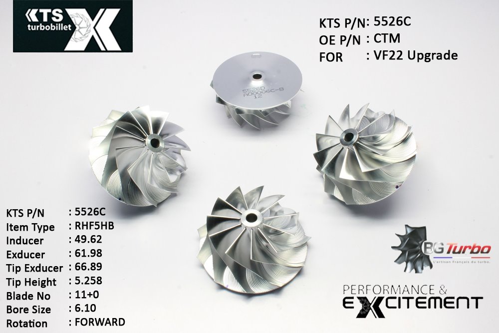 Turbo ROUE FORGÉE MFS PERFORMANCE - 11+0 PALES - INDUCER : 49,62 - EXDUCER : 61,98 - TYPE : RHF5HBANGLE : 50° - ROTATION : Forward - SUPER BACK : 1,85 - BORE SIZE : 6,1
